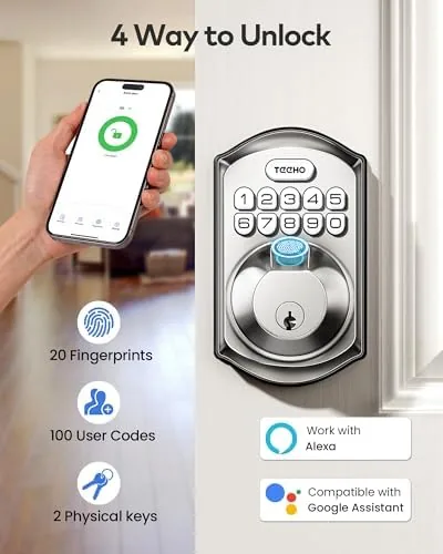 The satin nickel TEEHO lock compared with a Bluetooth keypad lock and a camera lock