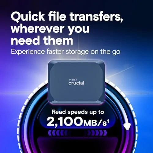 Detail shot of the Crucial X10 4TB Portable SSD, Up to 2,100MB/s, USB 3.2 features