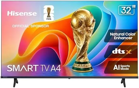 The Hisense 32 inch A4 Series television on a dresser in a bedroom
