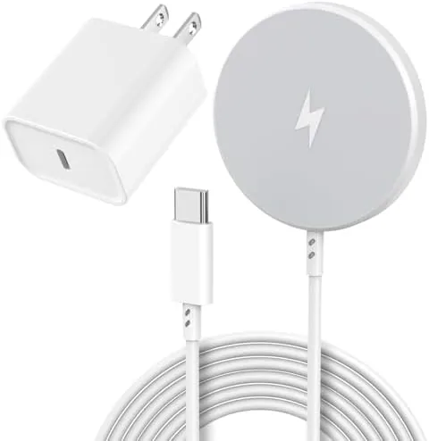 The magnetic wireless charger with an iPhone snapped onto the charging pad