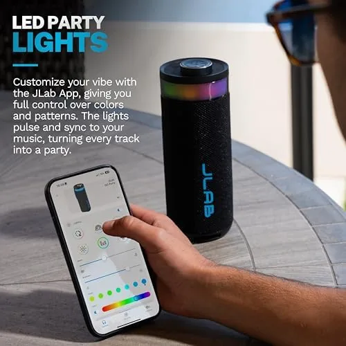 Detail shot of the JLab, Go Party, Portable Bluetooth Speaker, Waterproof RGB LED, Midnight Black features