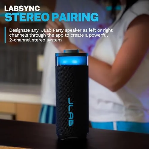 Another view of the JLab, Go Party, Portable Bluetooth Speaker, Waterproof RGB LED, Midnight Black