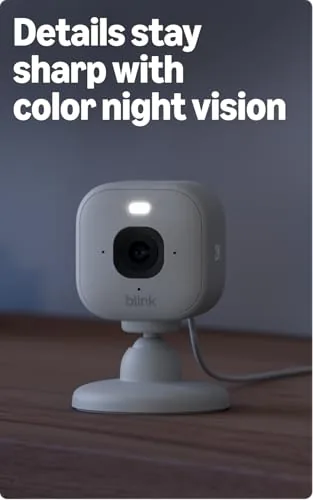 Night vision footage from the Blink Mini 2K+ showing the living room in the dark