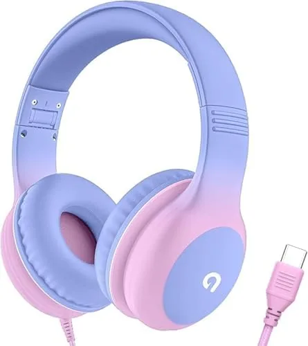 ADOOPE wired kids headphones with a USB-C plug resting on a school desk