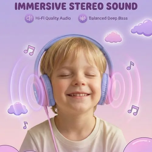 Child wearing the ADOOPE headphones while using a tablet on a couch