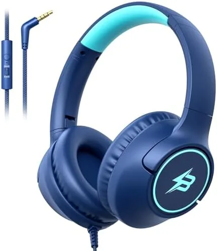 Foldable kids headphones with a 3.5mm plug on a classroom desk