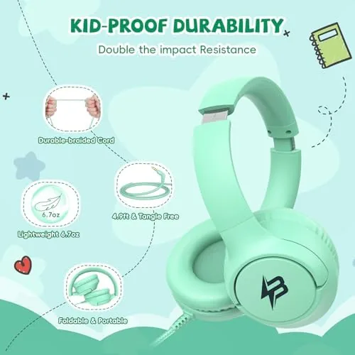 Another view of the Kids Headphones Wired with Microphone, 3.5 Cord 85/94dB Volume Limit