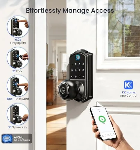 Close up of the VE018 exterior knob showing the keypad and fingerprint sensor layout