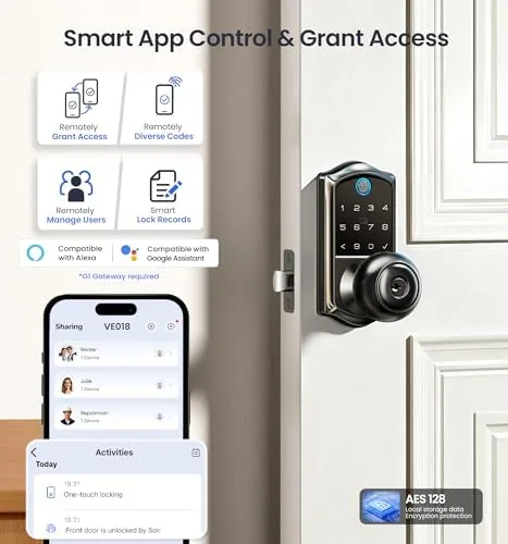 A hand turning the knob while the fingerprint sensor lights up green