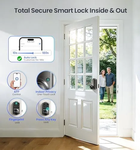 The VE018 installed on a bedroom door with the interior knob and battery cover visible