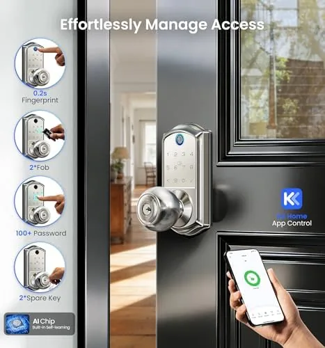 Close up of the satin nickel finish on the keypad knob and fingerprint sensor