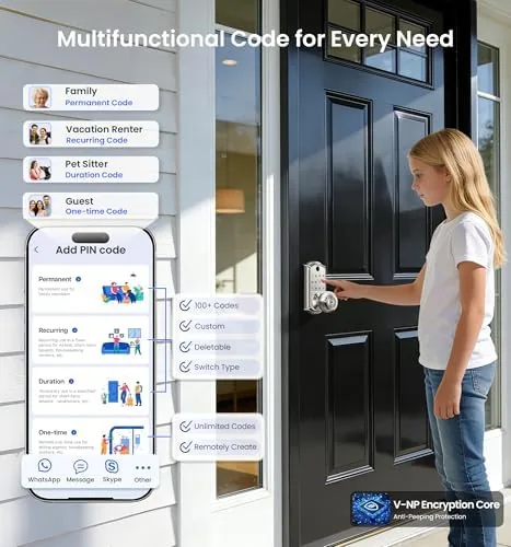 The app showing the access log and the auto lock timer settings for the VE018