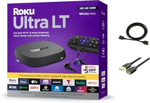Roku Ultra LT streaming player sitting next to its voice remote