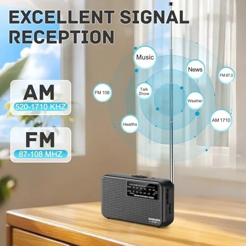 The 799 Mini Radio AM FM, Battery Operated Radio with Lanyard in real use