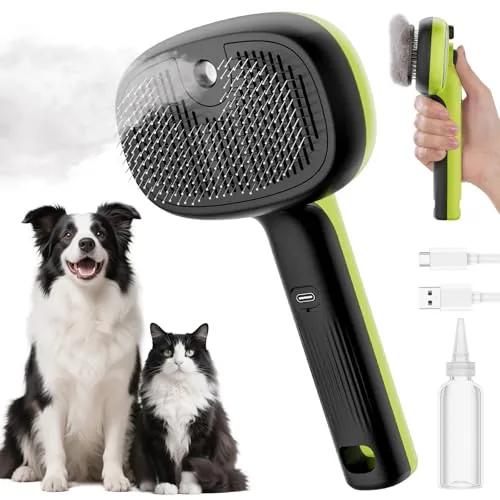 Pecute self-cleaning steam brush held above a shedding dog