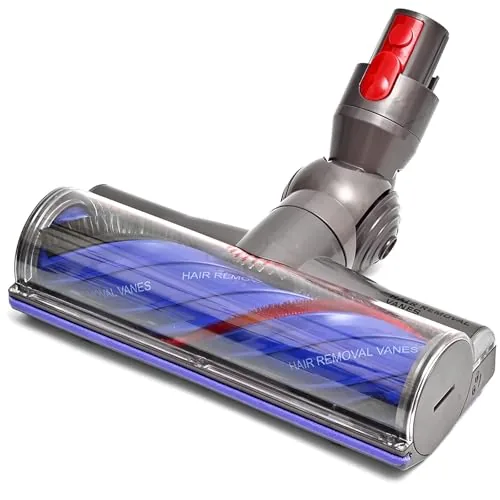 Anti-tangle replacement vacuum head next to a Dyson V8