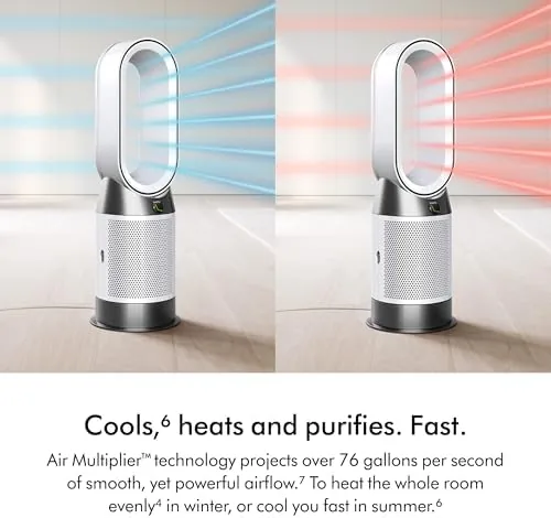 Dyson HP1 blowing warm air across a living room with oscillation