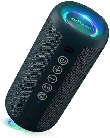 Ortizan dark blue portable Bluetooth speaker standing on a pool deck