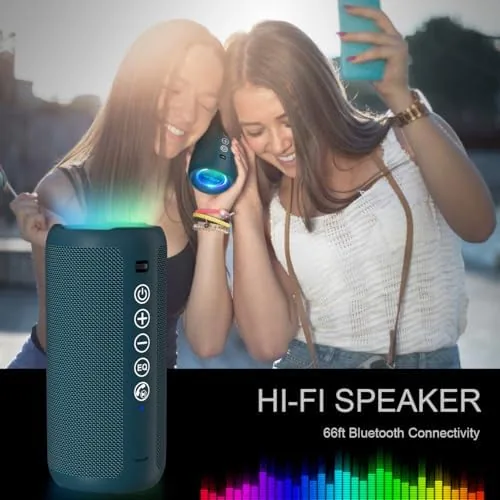 Speaker in a campsite at dusk with LED lights glowing