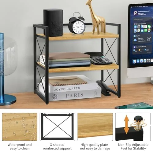 The YINMIT Desktop Shelf Organizer, 2 Tier Office Shelves, Wood Desk in real use