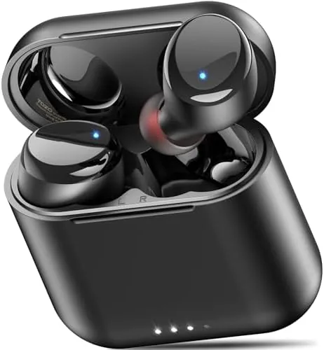 The TOZO T6 earbuds and their charging case held in one hand