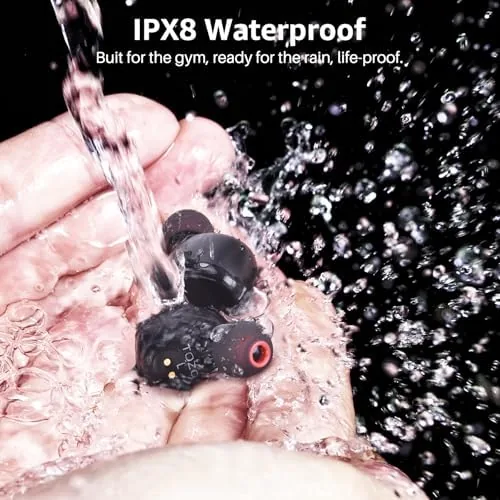 TOZO T6 earbuds held near water to illustrate the IPX8 waterproof rating