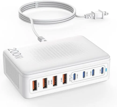 Overview of the USB C Charger Block,200W GaN 8 Port USB C Charging