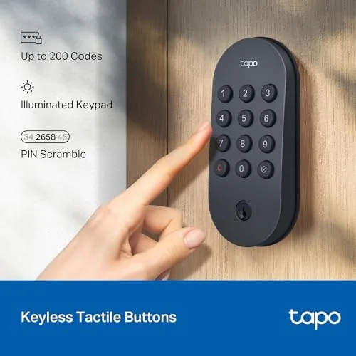 DL100 interior thumb turn next to a phone showing the Tapo app