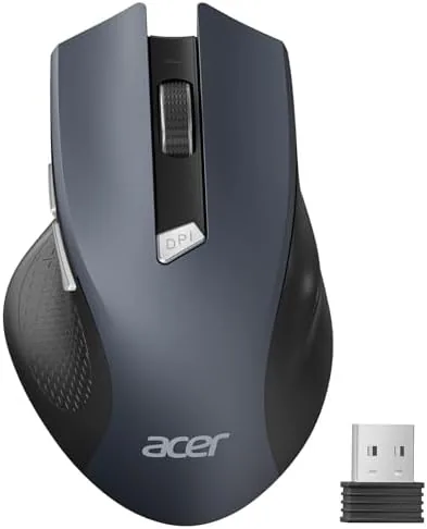 The Acer wireless mouse on a wooden desk with the USB-A receiver beside it