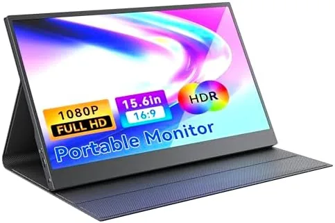 The 15.6-inch portable monitor set up beside a laptop on a hotel desk