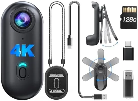 The BOBLOV W4 thumb-size body camera clipped to a jacket collar