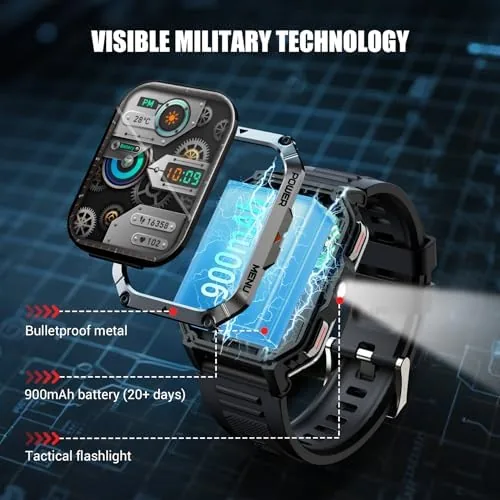 Close look at the Military Tactical Smart Watches for Men, 100-Day Battery Rugged Fitness build quality