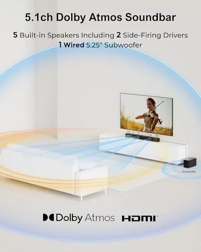 Detail shot of the ULTIMEA 5.1CH Surround Sound Bar System with Dolby Atmos, Poseidon features