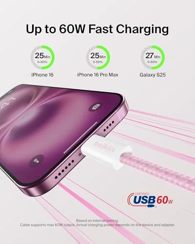 Close look at the Belkin USB C to USB C 60W Braided Cable 9.9ft build quality