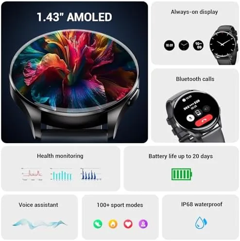 Close look at the IOWODO Smart Watch for Women Men, 1.43" AMOLED Ultra-Clear Screen build quality
