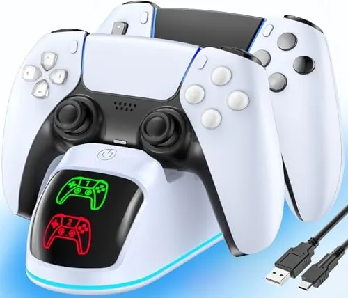 Two PS5 controllers docked on the charging station with RGB light on