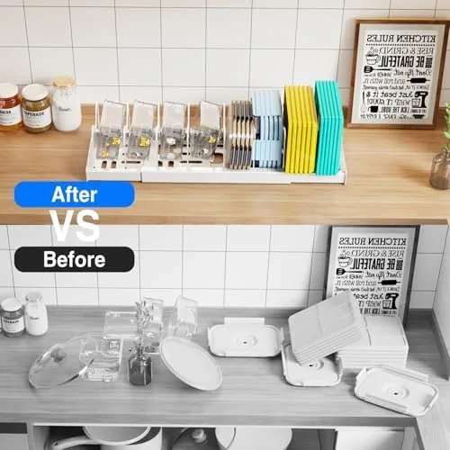 The organizer on a countertop holding container lids during a cleanup