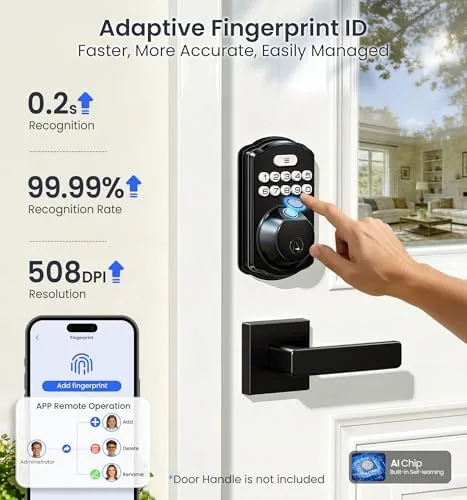 A finger placed on the sensor with the deadbolt releasing and the door opening