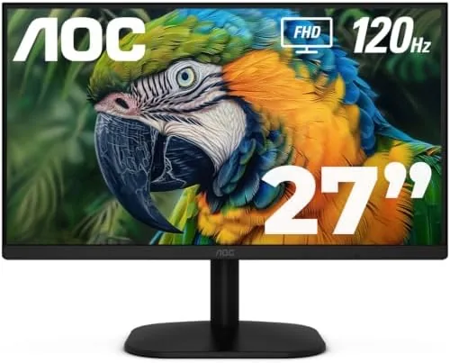 The AOC 27 inch monitor on a desk displaying a colorful wallpaper