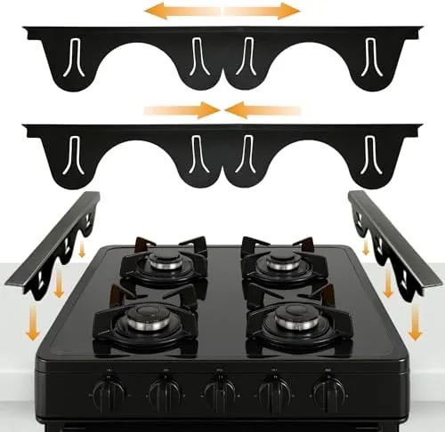 A pair of stainless steel stove gap covers installed beside a stove