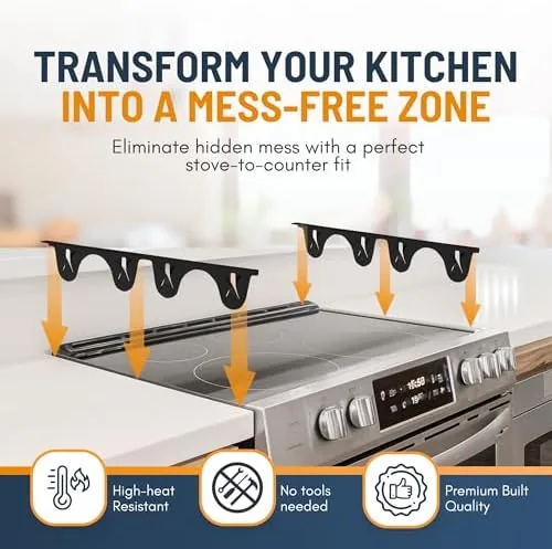 A complete kitchen setup with the gap covers installed on both sides of the stove