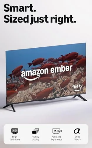 The Amazon Ember 32-inch 2-Series Fire TV set up on a media console in a bedroom