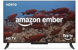 Close up of the Amazon Ember TV bezel and the included Alexa voice remote