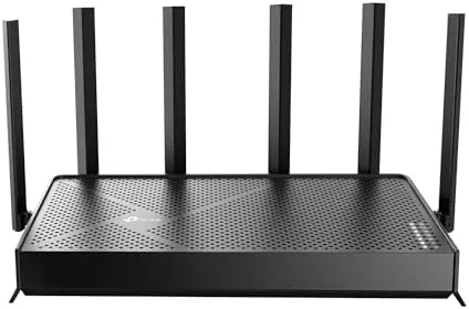 The TP-Link Archer BE600 router with its antennas raised on a shelf