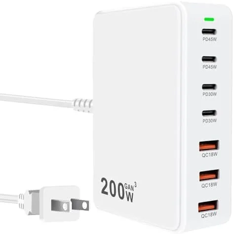USB C Charger Station 200W PD QC3.0 GaN Fast Charging Block 7 Port (White) Review: Tested and Rated