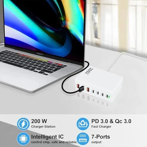 Another view of the USB C Charger Station 200W PD QC3.0 GaN Fast Charging