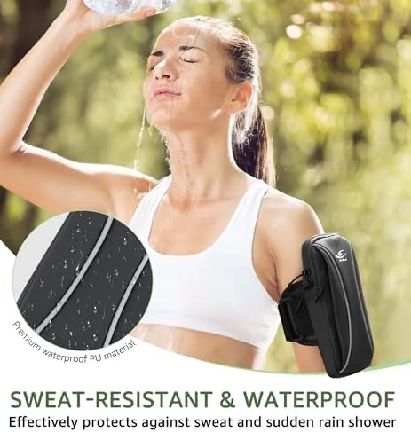 A phone sliding into the arm bag during a pre run setup
