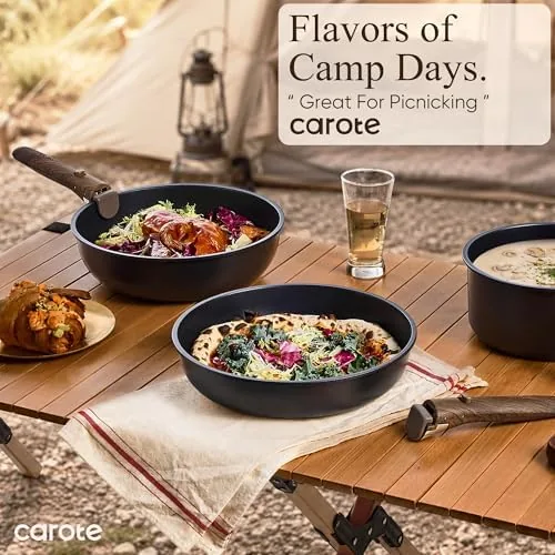 The stacked cookware set packed into a travel tote for camping
