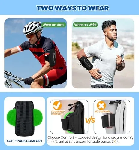 A large iPhone sliding into the arm pouch before a run