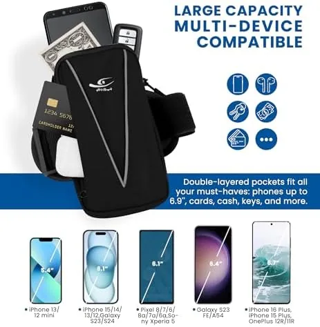 The arm bag and wrist bag next to a waist belt and a single armband
